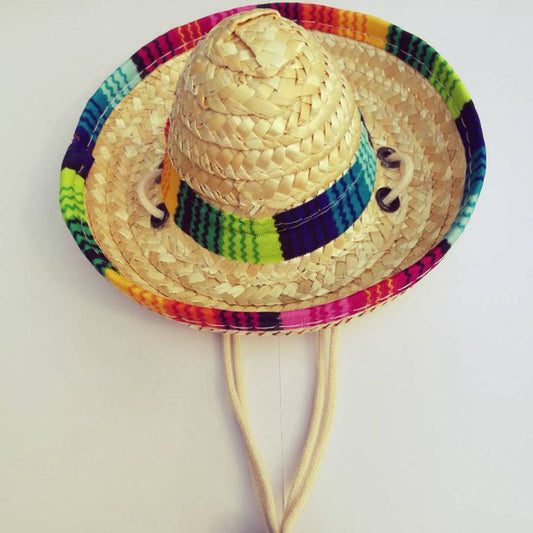 Natural straw woven mini pet hat with multicolored trim and elastic chin strap, flat on white background