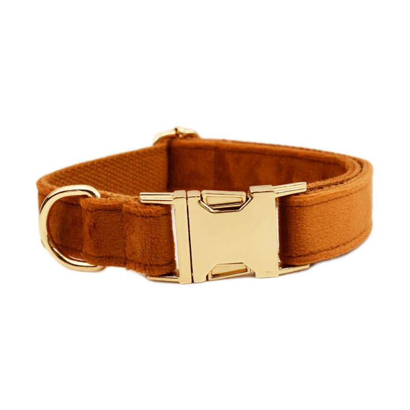 Close-up of brown velvet adjustable dog collar buckle