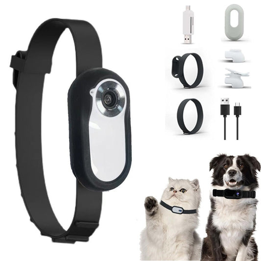 Black collar with attached white pet camera and accessories for assembling