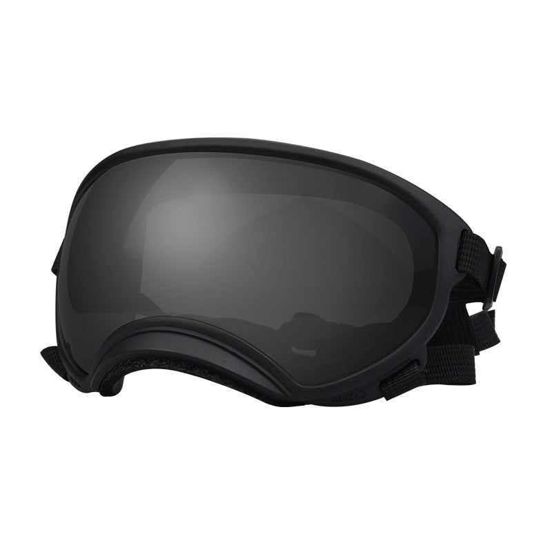 Gray polarized dog ski goggles with black frame and adjustable straps