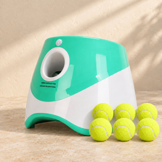 Green automatic dog ball launcher with six miniature tennis balls