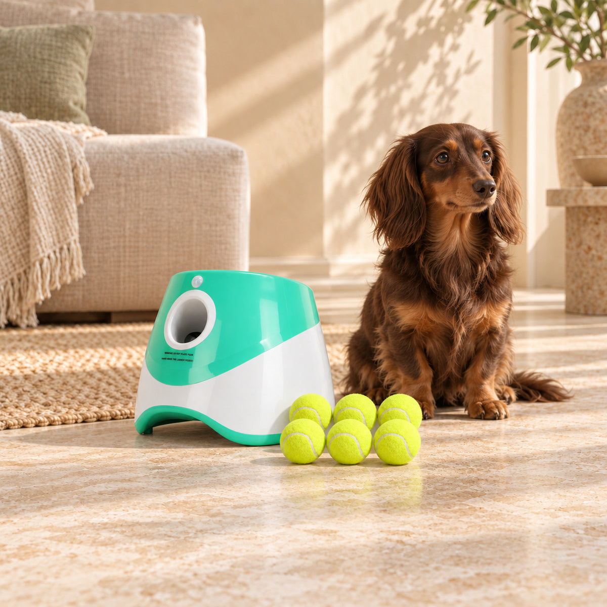 Chocolate dachshund beside a green automatic ball launcher and six tennis balls
