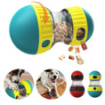 Load image into Gallery viewer, Close-up of teal/yellow dog food dispensing toy showing treats being released as toy rotates
