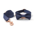 Load image into Gallery viewer, Complete denim collar and leash set with bow tie, rose gold hardware displayed on white background
