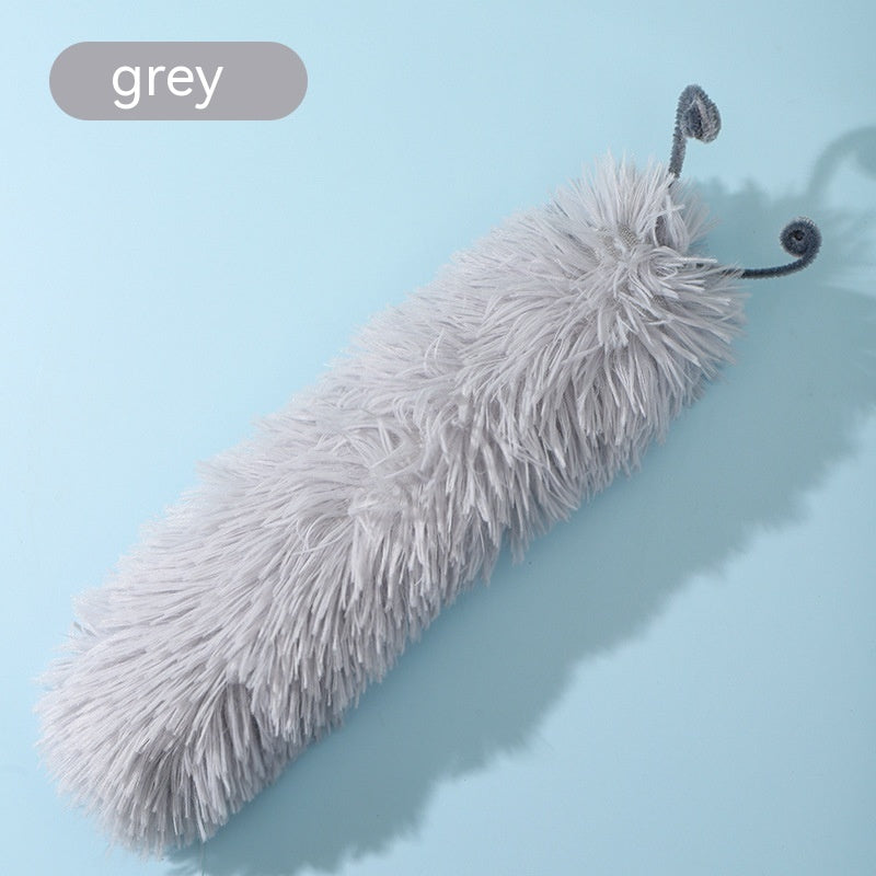 Gray plush caterpillar cat toy shown on light blue background with curled antennae