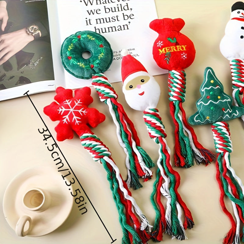 Six festive dog toys laid out showing length measurement of about 13.5 inches each
