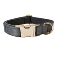 Load image into Gallery viewer, Close-up of gold metal buckle on gray velvet dog collar
