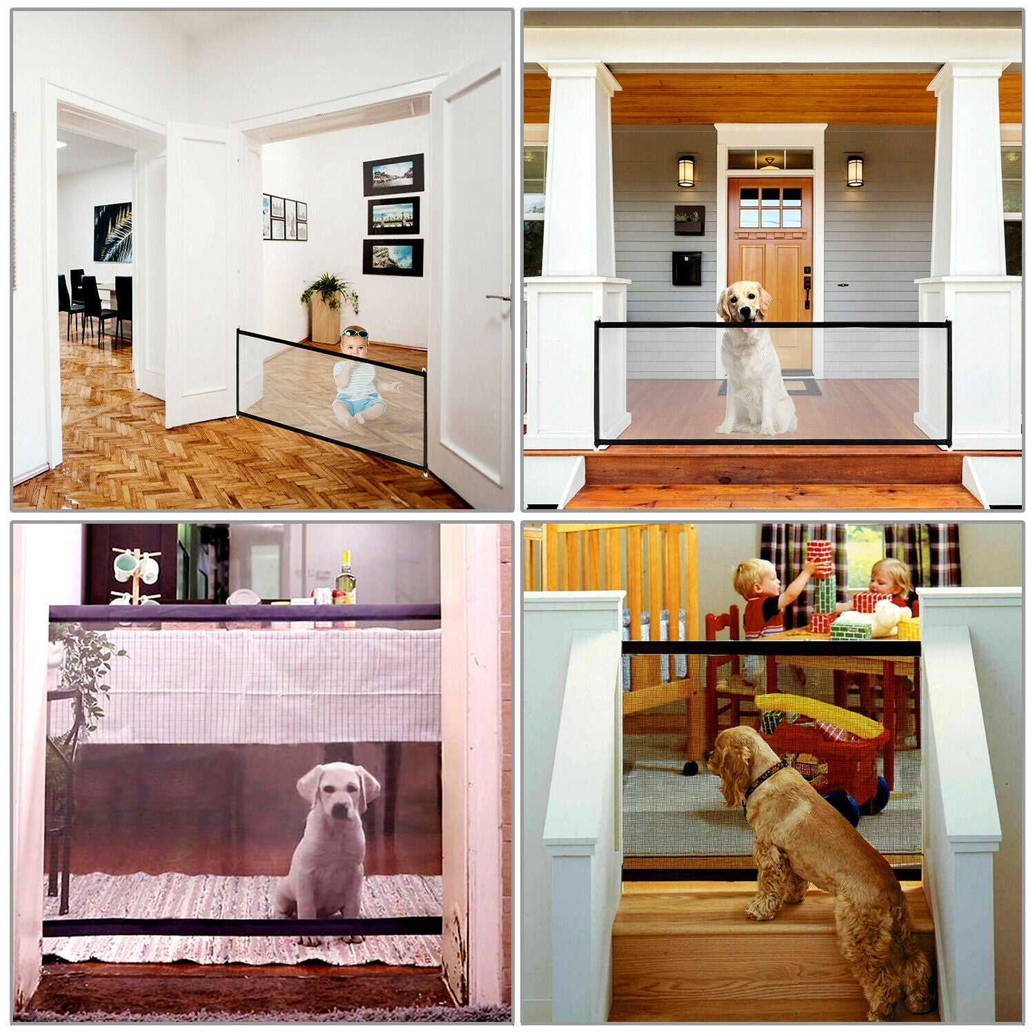 Collage showing mesh safety gate used in various areas including doorway, porch, kitchen, and nursery with babies and dogs
