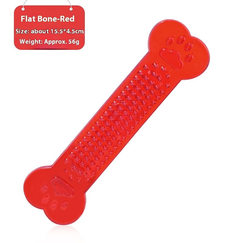Red transparent PVC dog bone toy with size and weight label