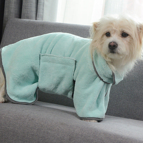 Small white dog wearing mint green microfiber drying robe standing on gray couch, side view