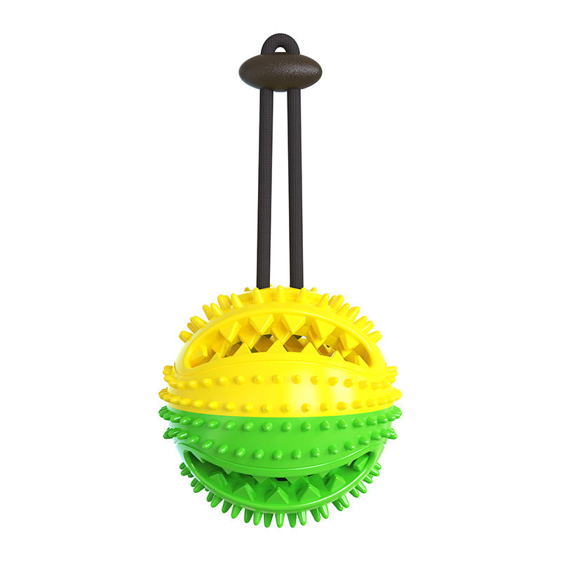 Yellow and green round spiked chew toy with handle
