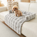 Load image into Gallery viewer, Small poodle sitting on light gray plush dog mat with raised edges on white sofa
