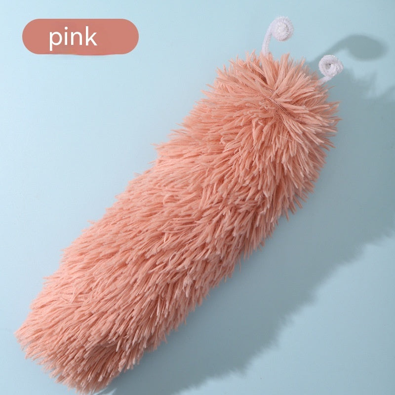 Pink plush caterpillar cat toy displayed on blue background with white antennae