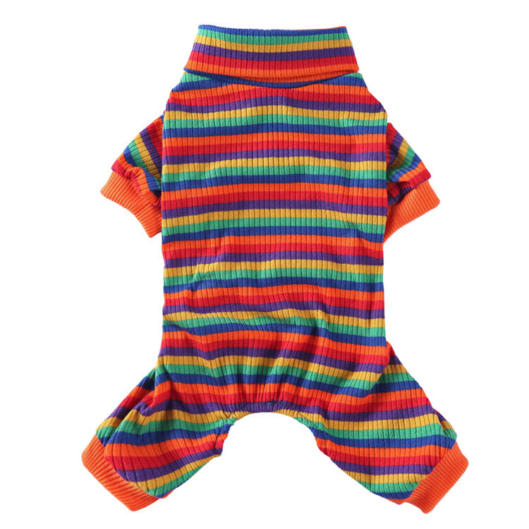 Flat lay of bright multicolored rainbow striped dog pajamas highlighting soft fabric and elastic cuffs