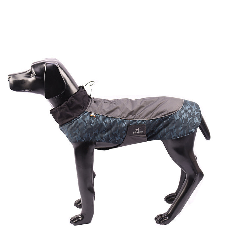 Mannequin model wearing a blue camo and gray waterproof dog jacket side view