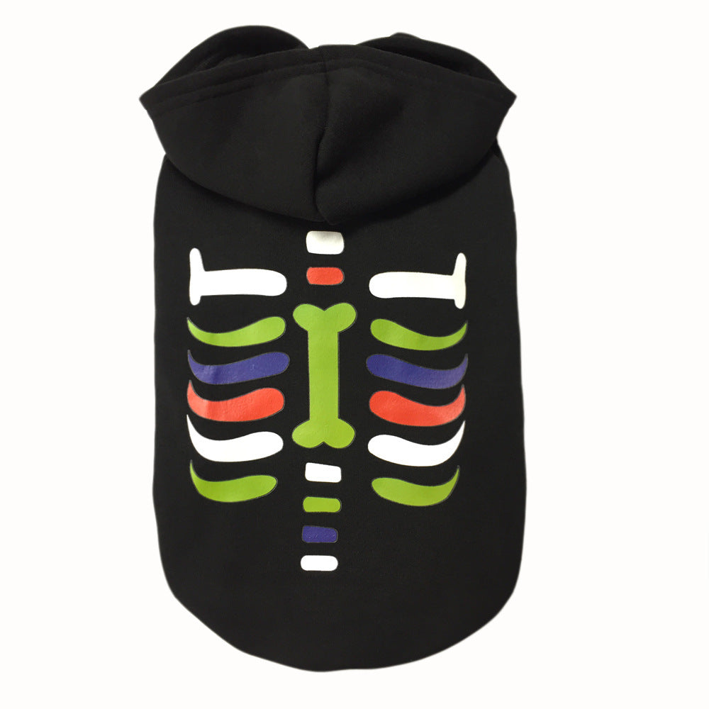 Black dog hoodie with colorful skeleton rib cage design in green, red, purple, and white