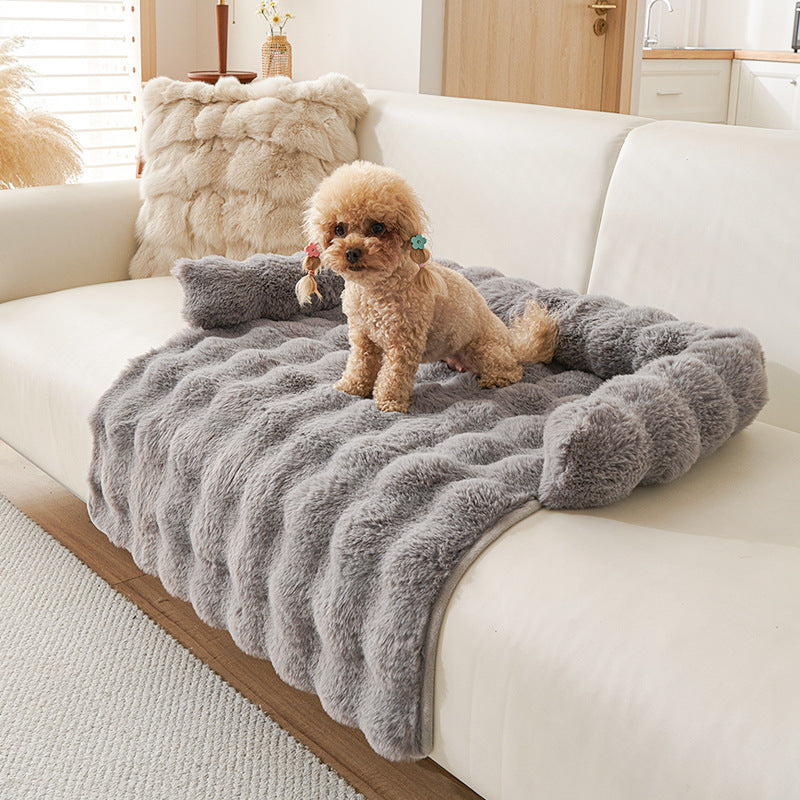 Small poodle sitting on gray plush dog mat with raised edges on white sofa