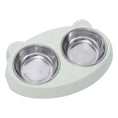 Load image into Gallery viewer, Angled view of pale green cat-shaped double bowls with stainless steel inserts in place
