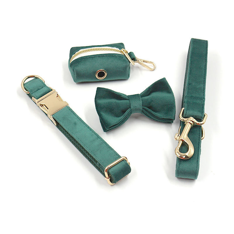 Close-up of green velvet collar, leash, bowtie and waste bag holder with gold buckles