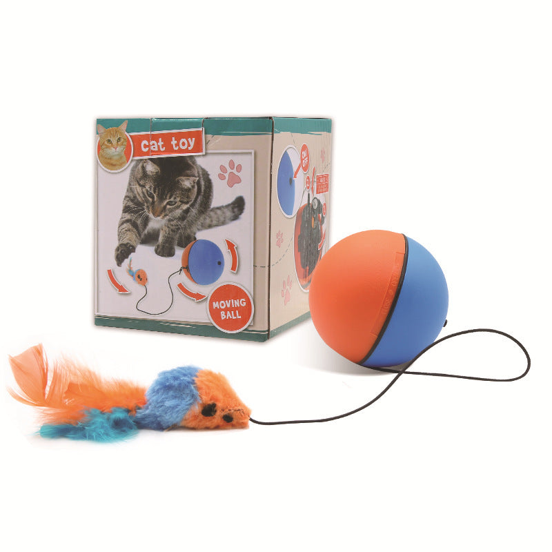 Product packaging showing a cat playing with orange and blue interactive ball toy connected to feather mouse next to the actual toy