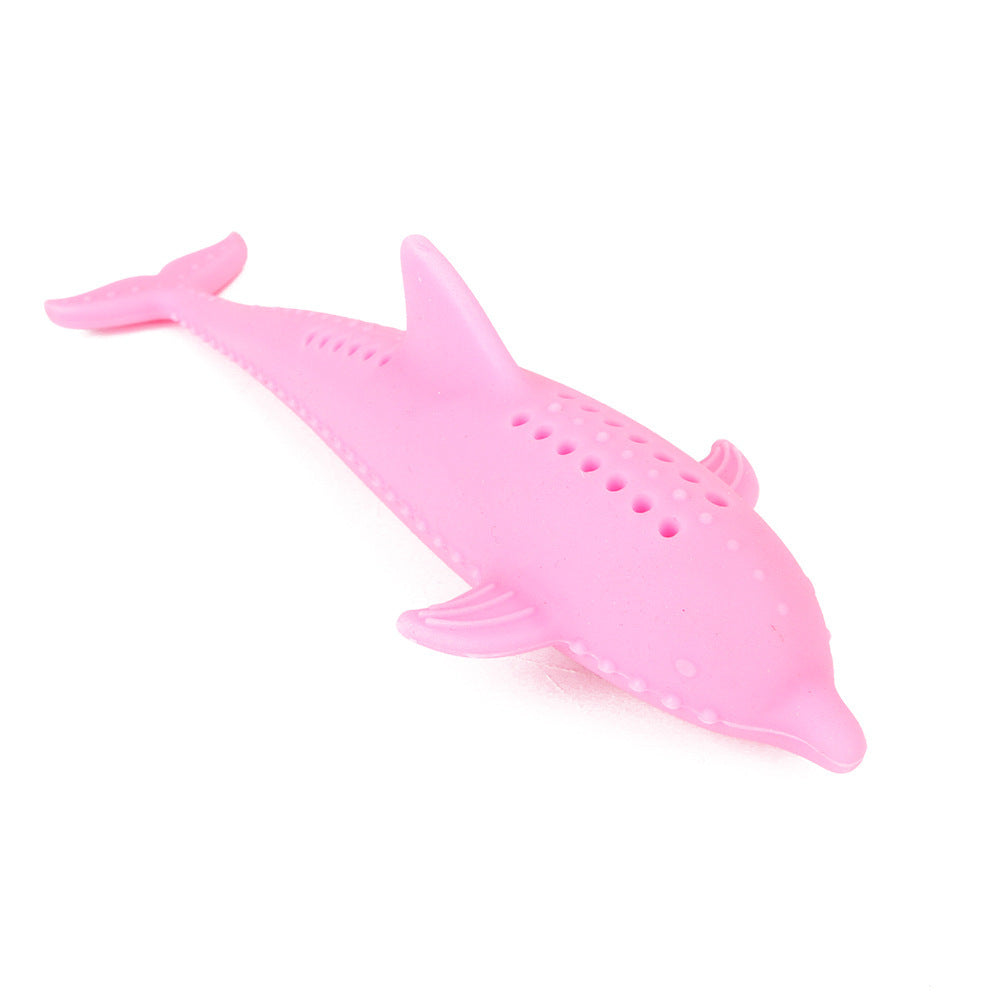 Pink fish-shaped silicone cat molar stick displayed on a white background