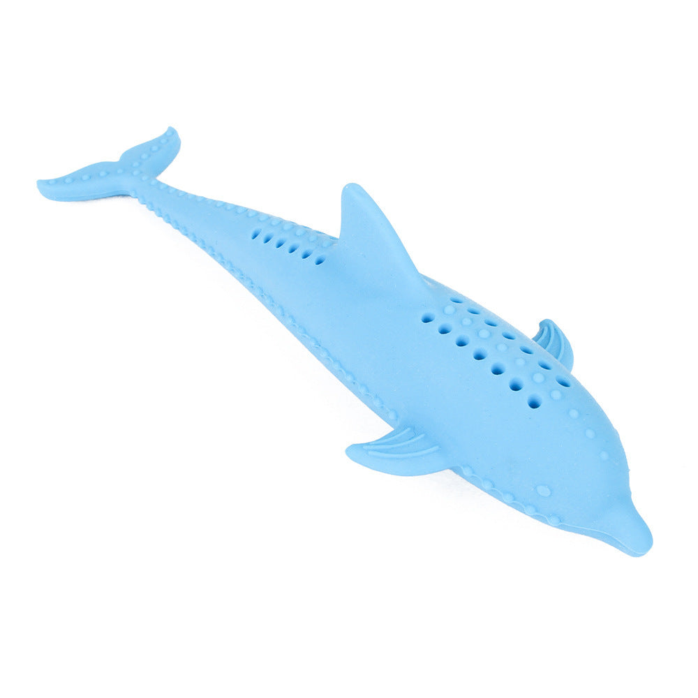 Blue fish-shaped silicone cat molar stick showing textured surface and holes for catnip