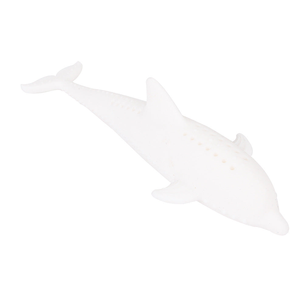 White fish-shaped silicone cat molar stick displayed on a white background