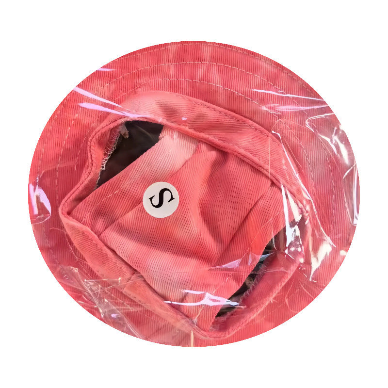 Top view of pink breathable pet bucket hat with inner elastic strap labeled size S