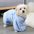 Load image into Gallery viewer, Small white dog standing on floor wearing light blue microfiber drying robe near rug
