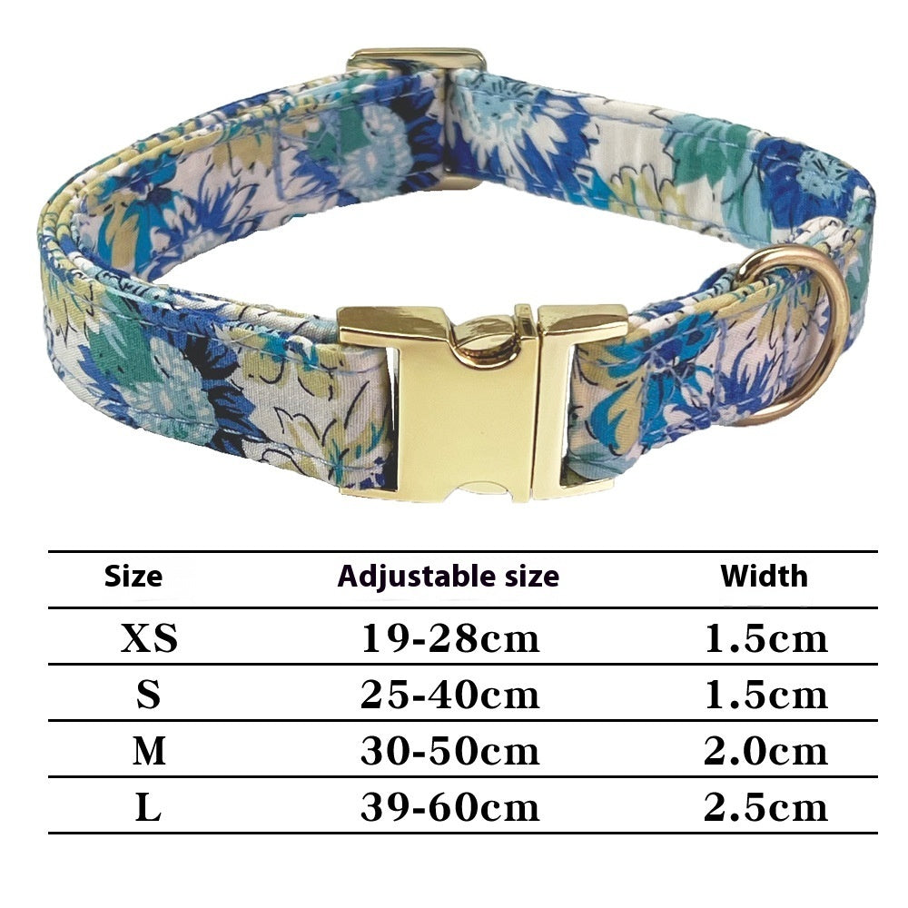 Blue floral dog collar with gold buckle displayed with size chart