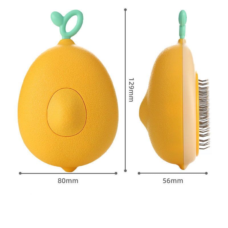 Yellow self-cleaning pet grooming brush with dimensions: 129mm height, 80mm width, 56mm depth