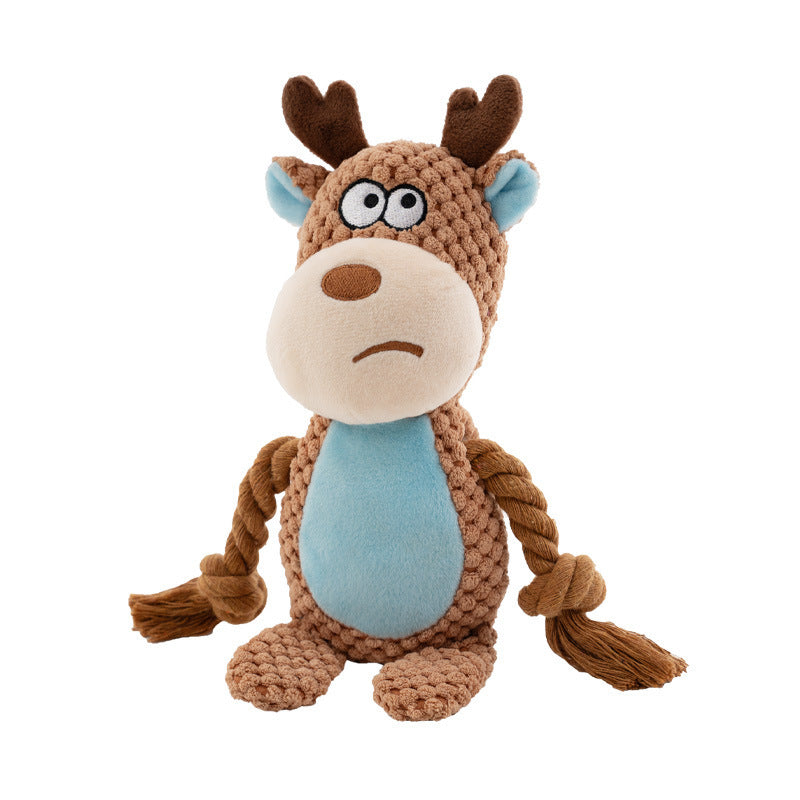 Brown reindeer plush rope dog toy with light blue belly and rope limbs