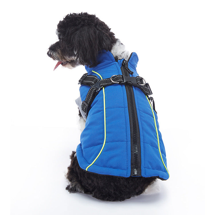 Blue camo winter dog coat displayed on a studio background, showing soft fleece lining and convenient pockets