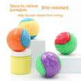 Load image into Gallery viewer, Happy black and white dog holding a blue and yellow textured rubber ball in mouth, outdoors on wooden deck
