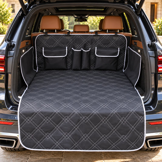 Black patterned cargo liner installed in a luxury SUV with brown leather seats