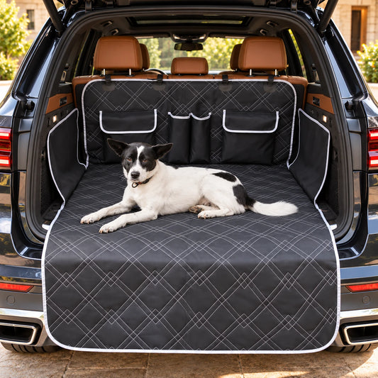 Black and white dog resting on the patterned cargo liner in a parked luxury SUV