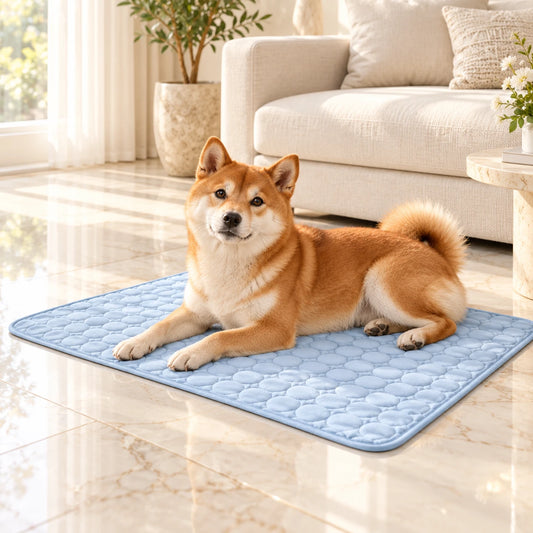 Red Shiba Inu resting naturally on blue quilted cooling pet mat