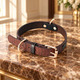 Cargar la imagen en la vista de la galería, Coffee brown croc-texture dog collar with rose-gold buckle on brown marble
