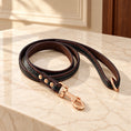 Load image into Gallery viewer, Coffee brown dog leash with black centre and rose-gold clasp on light ivory-beige marble
