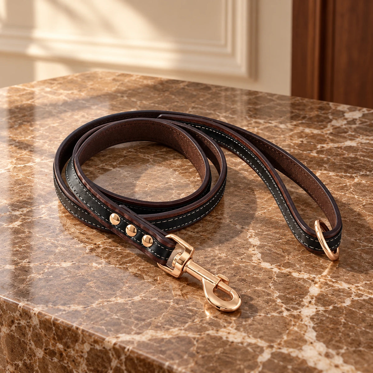 Coffee brown dog leash with black centre and rose-gold clasp on brown marble