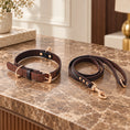 Cargar la imagen en la vista de la galería, Coffee brown croc-texture collar and matching dark brown leash on marble
