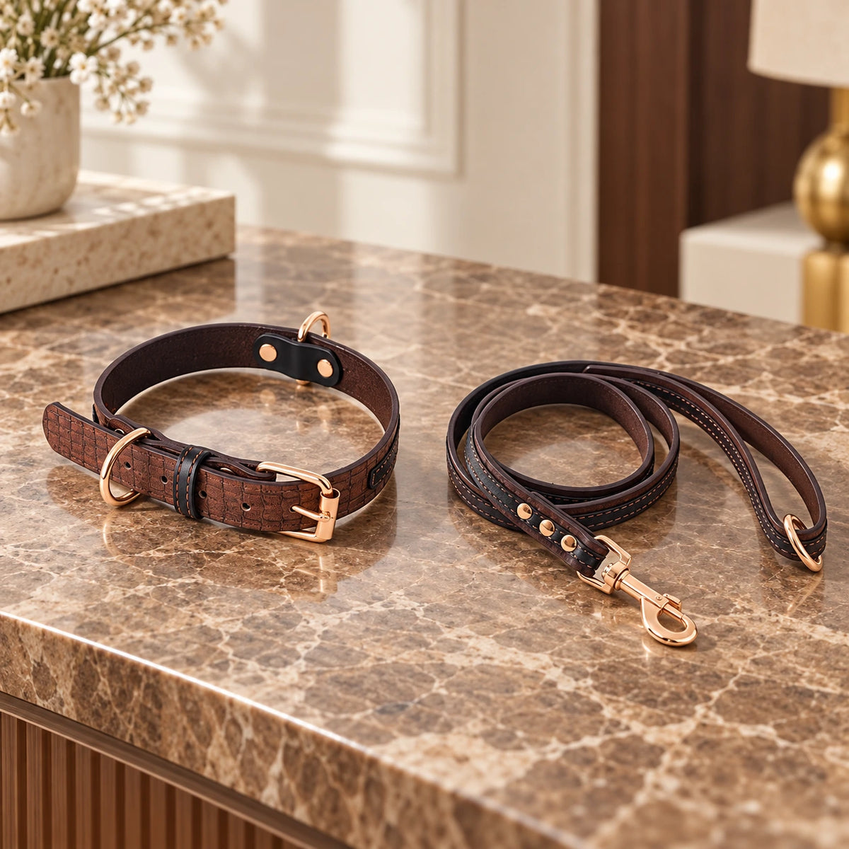 Coffee brown croc-texture collar and matching dark brown leash on marble