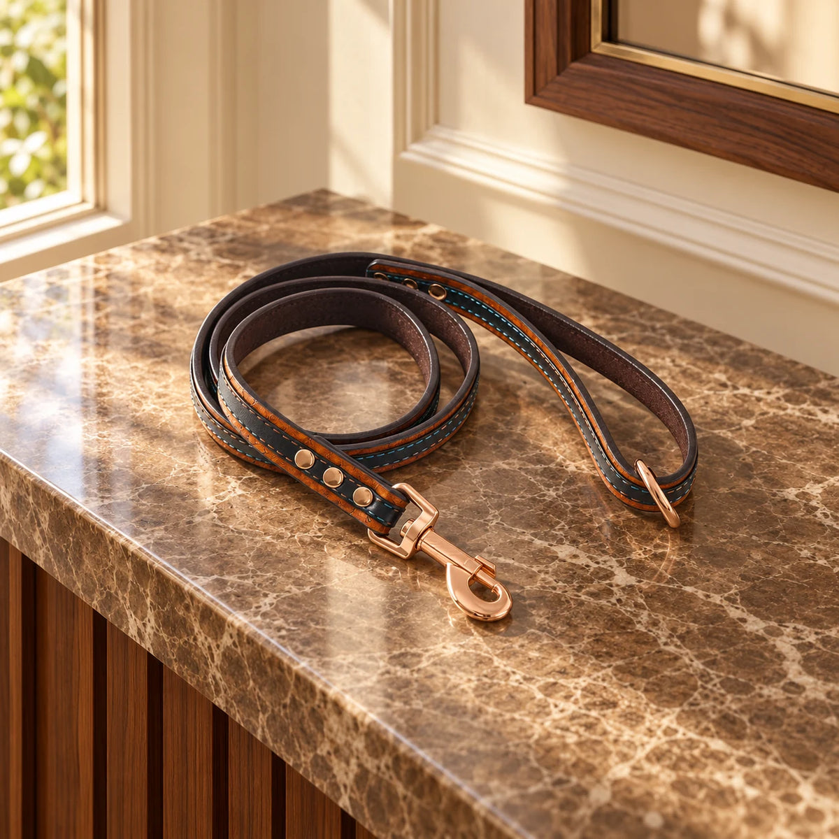 tan leash with rose-gold hardware on brown marble
