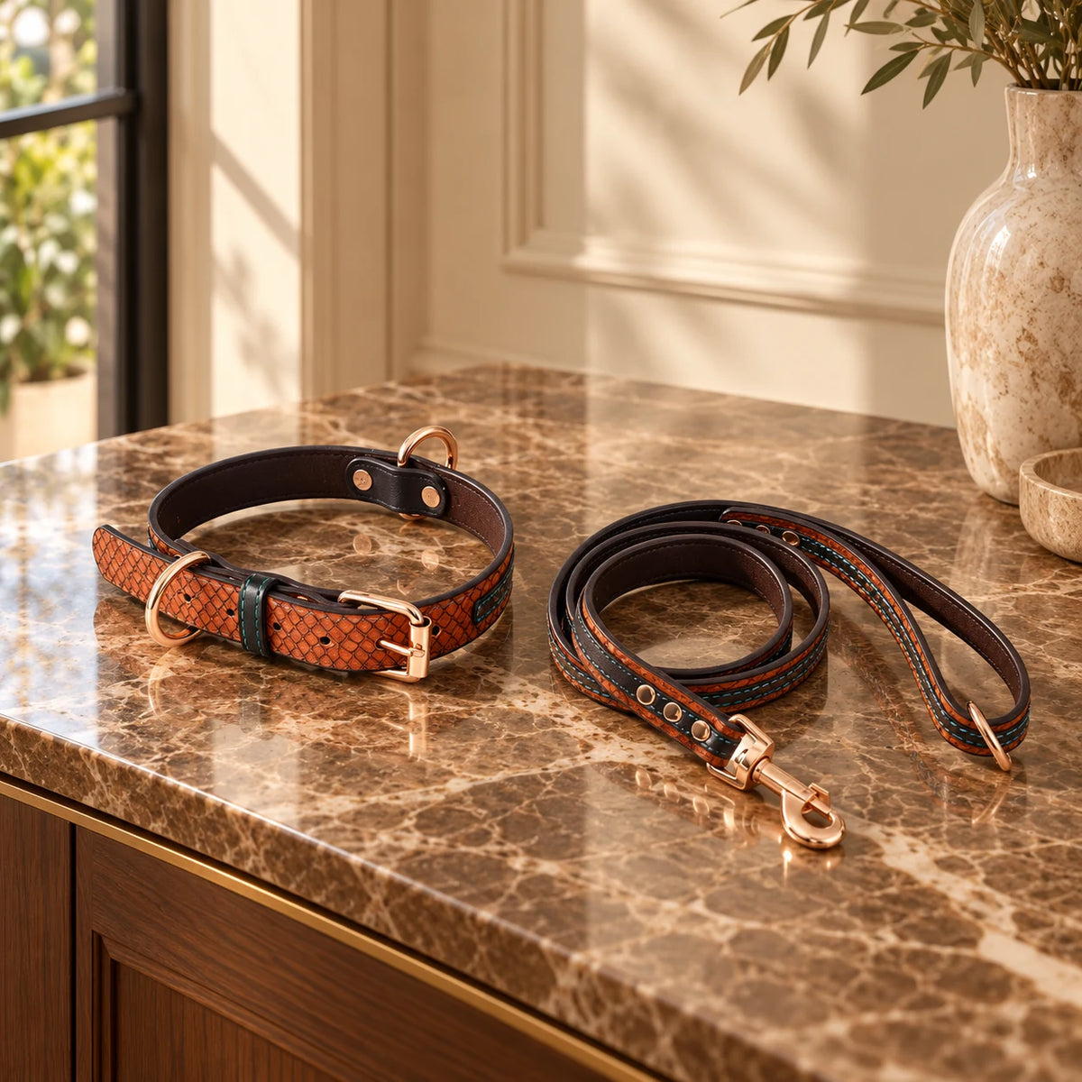 tan set with rose-gold hardware on brown marble