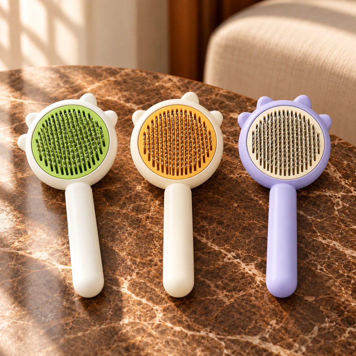 Pack of one green comb, one yellow comb and one purple comb on brown marble