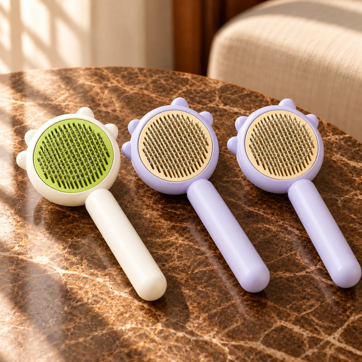 Pack of one green comb and two purple combs on brown marble