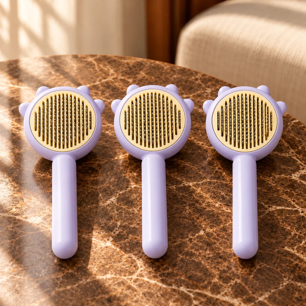 Pack of three purple combs on brown marble