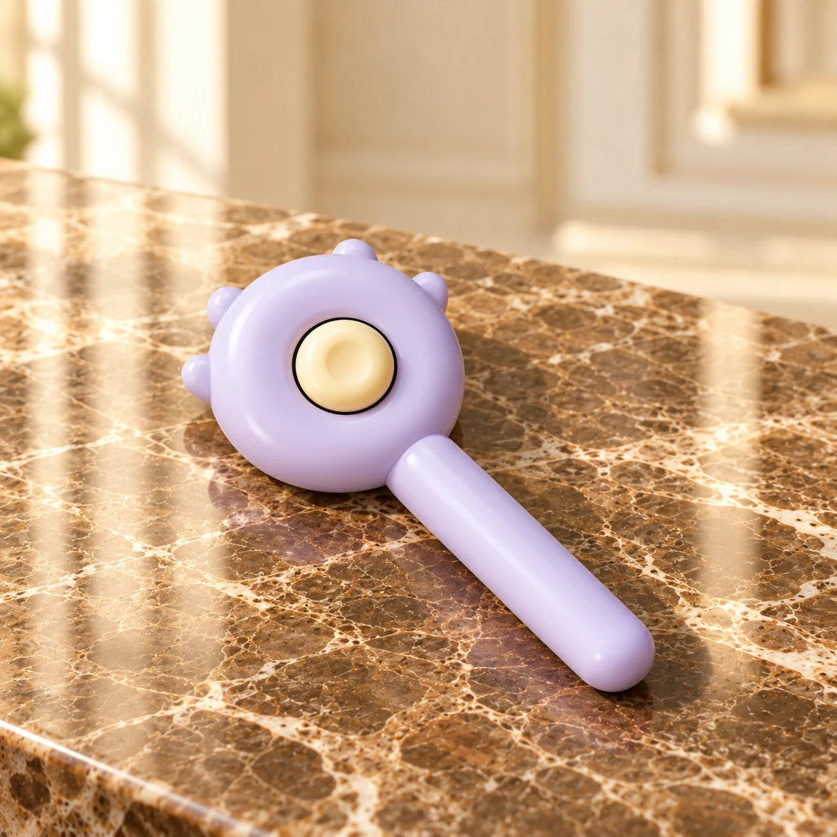 Purple pet grooming comb with cream release button on brown marble