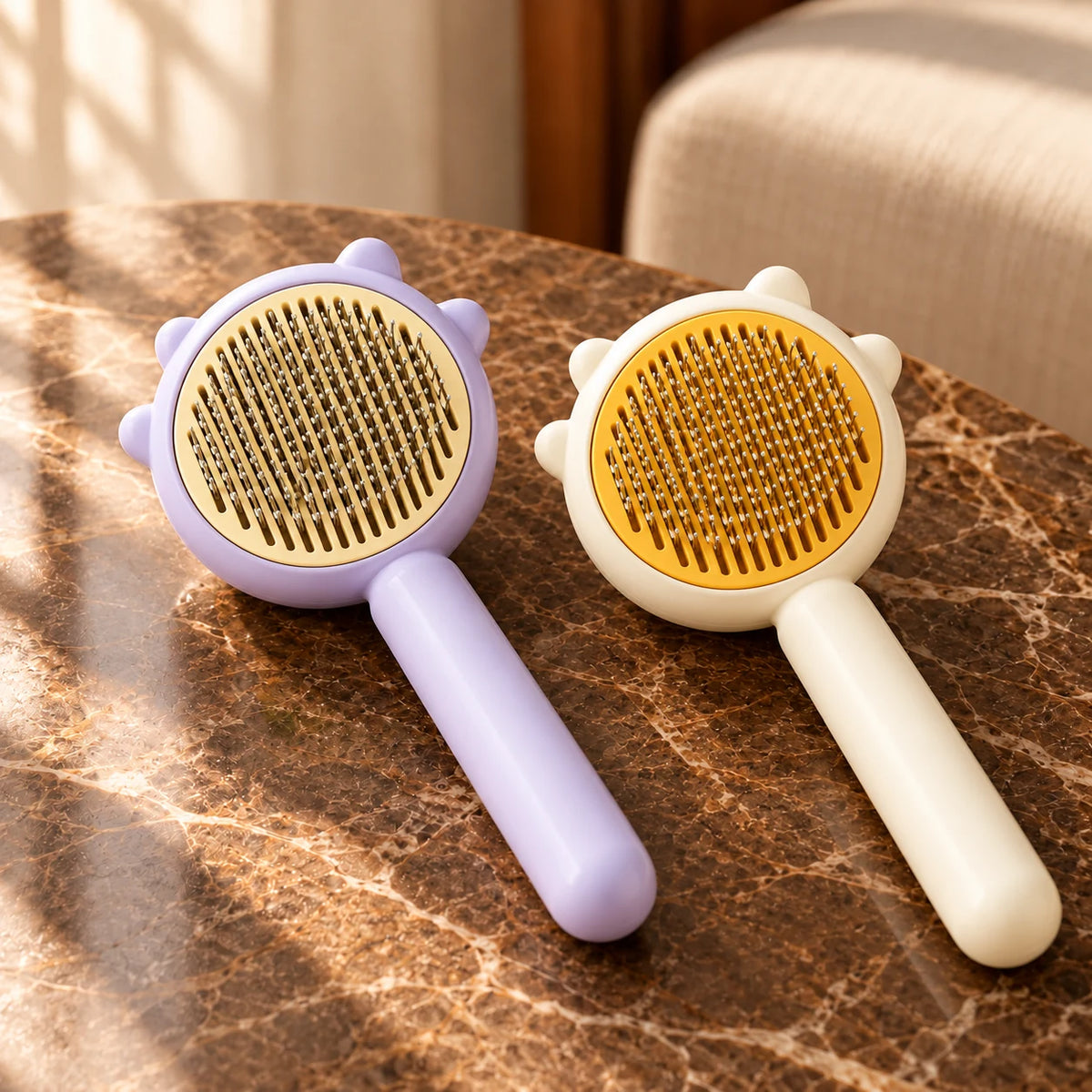 Pack of one purple comb and one yellow comb on brown marble