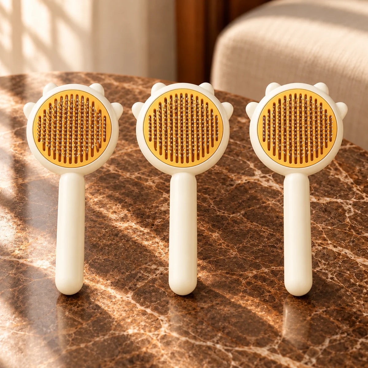 Pack of three yellow combs on brown marble